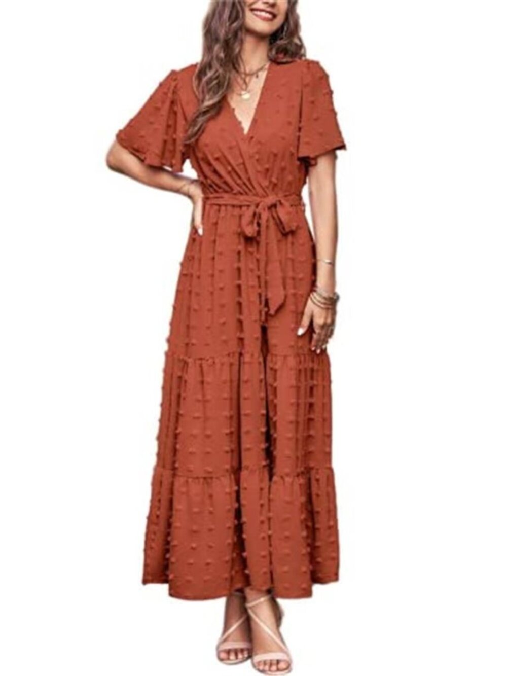 Womens Swiss Dot Maxi Dress Wrap V Neck Boho Tiered Wedding Guest Dress